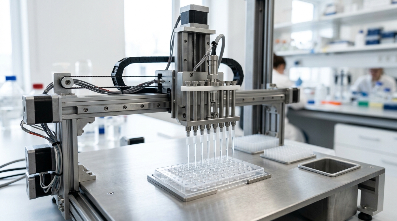 Automated laboratory liquid handling robot with multi-channel pipetting axis